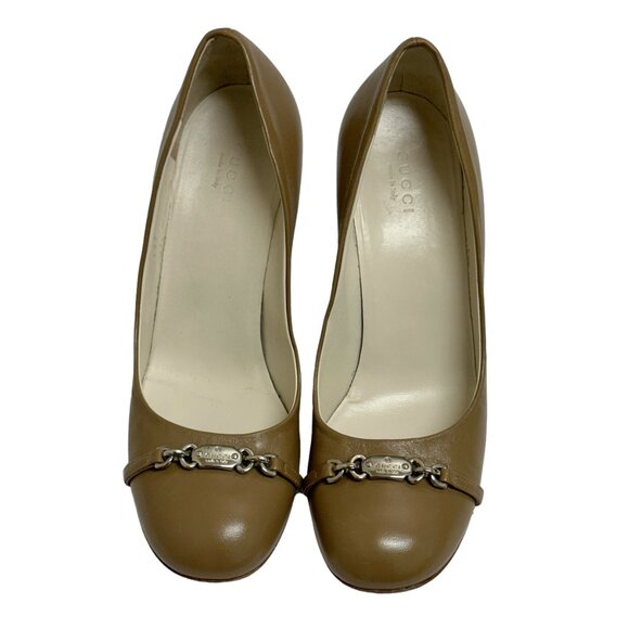 GUCCI Tan Leather Round Toe Pumps,  Size 37.5 - Picture 2 of 13